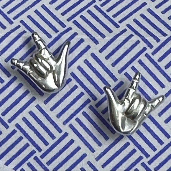 Sterling Silver I Love You ASL Sign Simple Stud Earrings - Picture 7 of 14